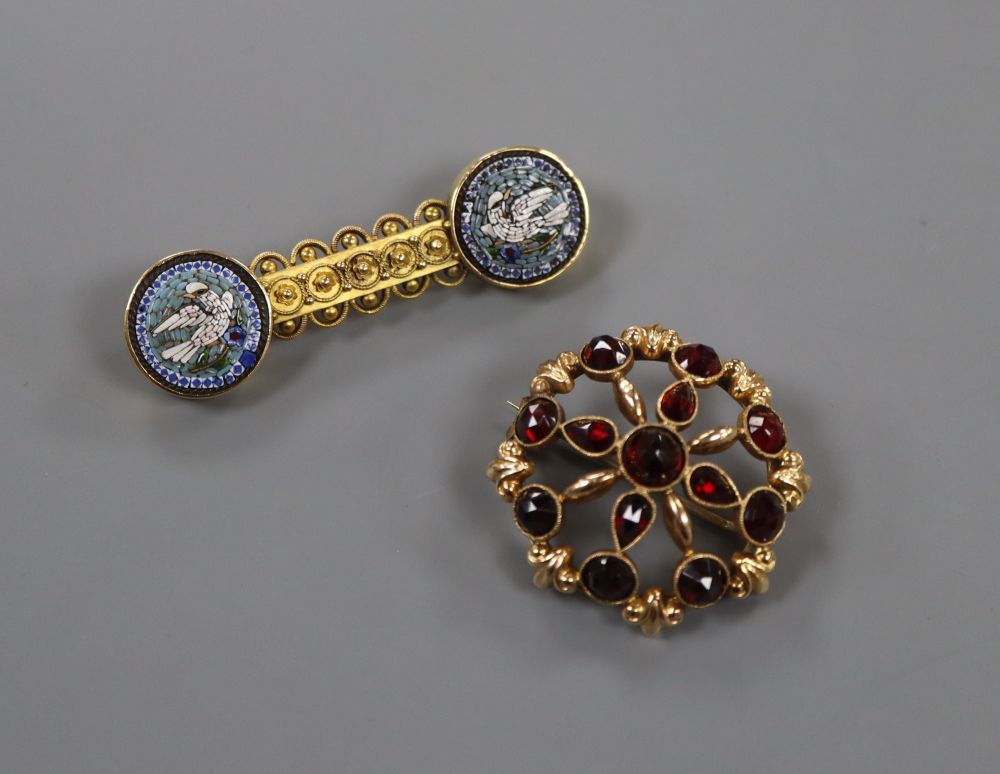 A late Victorian 15ct gold and twin circular micro mosaic panel set bar brooch & one other brooch.